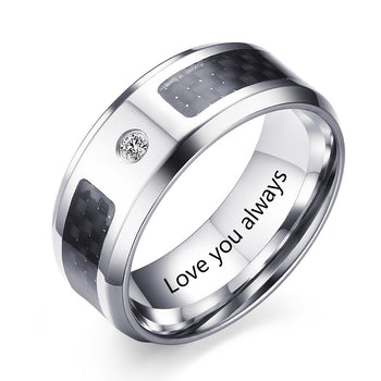 Personalized Stainless Steel Men's Ring with Carbon Fibre Look and Crystal
