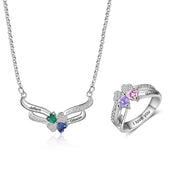 Engraved S925 Silver Jewelry Set with Clover Necklace CZ Ring