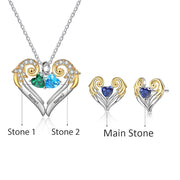 Rhodium Plated Heart Shape Jewelry Set with Birthstone Necklace Stud Earrings