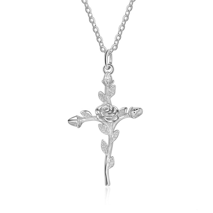Rose & Latin Cross 925 Sterling Silver Necklace With 45CM Chain