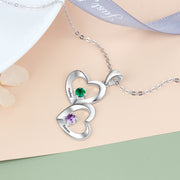 S925 Personalized Name Double Hearts Pendant Necklace with Two Birthstones
