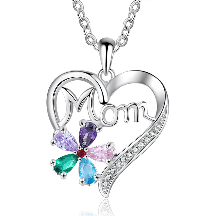 MoM Letter Heart Shape Pendant Necklace with Flower Cubic Zircon