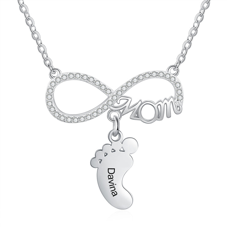 Personalized Rhodium Plated Infinity Baby Feet Necklace