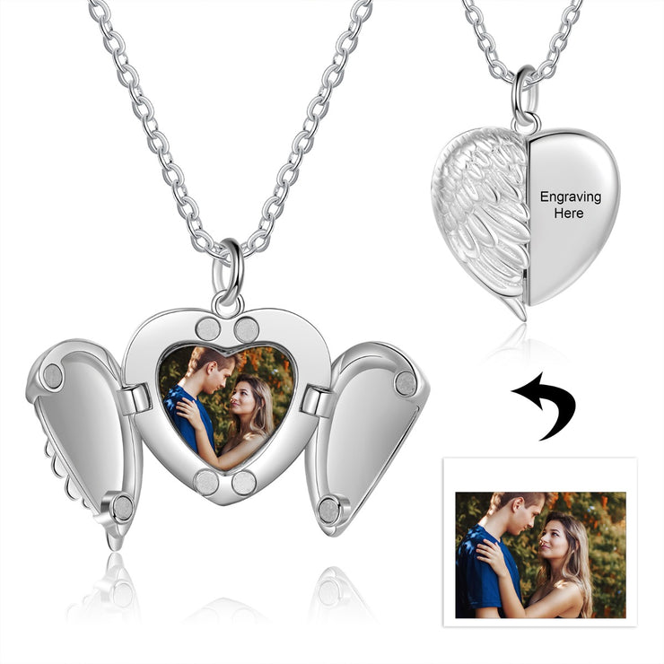 Personalized Rhodium Plated Heart Wing Photo Necklace