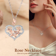 Rhodium Plated Heart Shape Rose Flower Necklace