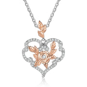 Rhodium Plated Heart Shape Rose Flower Necklace