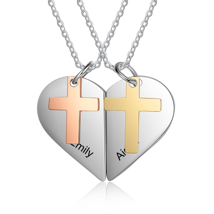 Personalized Heart Shape Mutil-Chain Necklace with Cross
