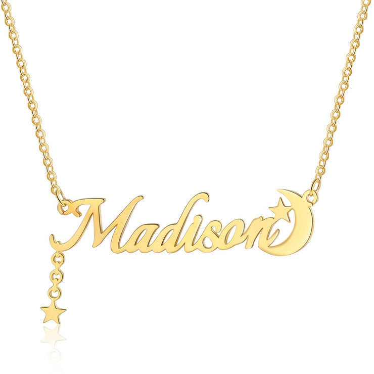 Personalized Rhodium Plated Star Moon Name Necklace