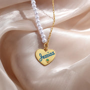 Personalized Birthstone Heart Pearl Name Necklace