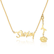 Personalized Rhodium Plated Birthflower Name Pendant Necklace