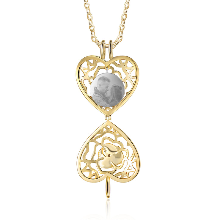 Rhodium Plated Hollow Heart Rose Flower Photo Necklace