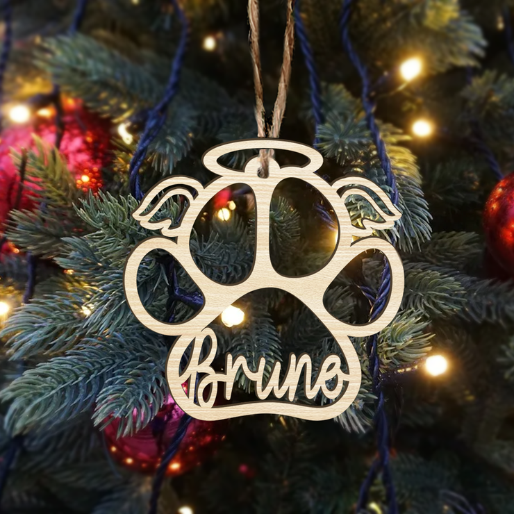Personalized Wooden Angel Wings Pet Paw Custom Name Ornament